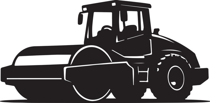 Black silhouette of a road roller or steamroller with construction vehicle, heavy equipmen