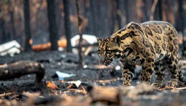 Clouded leopard walking through a burnt forest landscape