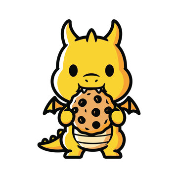 Dragon Eating Cookie, Yellow Cartoon Mascot Character Design.