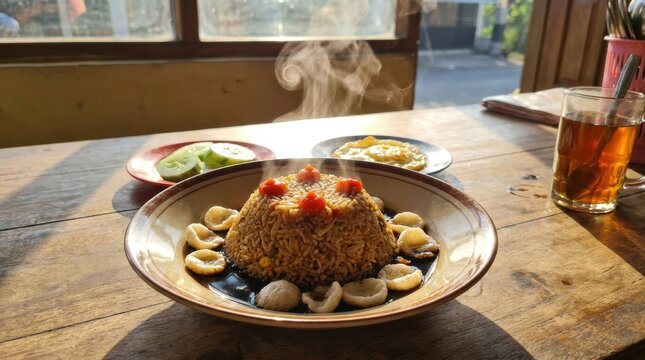 Steaming hot Indonesian nasi goreng fried rice served with crackers, chili sauce, fried egg, cucumber slices, and hot tea on a rustic wooden table in warm morning sunlight.