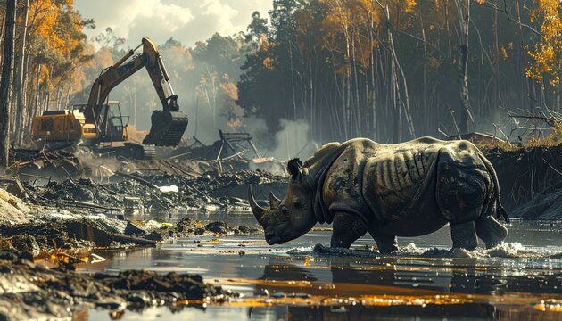 Rhinoceros in deforested landscape with construction machinery