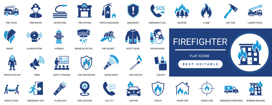 firefighter icon set. rescue, safety, emergency, equipment, helmet, truck, hydrant, alarm, extinguisher, protection. editable  solid glyph vector illustration.