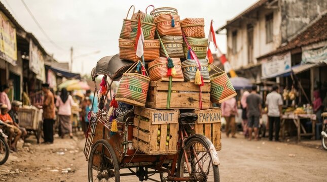 Traditional Indonesian becak cycle rickshaw loaded with colorful woven baskets and wooden fruit crates on a bustling village market street, featuring handcrafted artisanal bags.