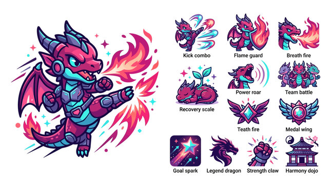 Chibi red and teal dragon warrior character set featuring combat poses including high kick and fire breath, plus mobile game interface icons for skills, medals, and training dojo.