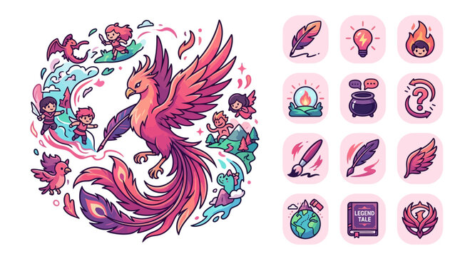 Fantasy flat vector illustration featuring a majestic pink phoenix with tiny chibi adventurers, dragon, and fairy, alongside a collection of 12 magic and RPG game icons.
