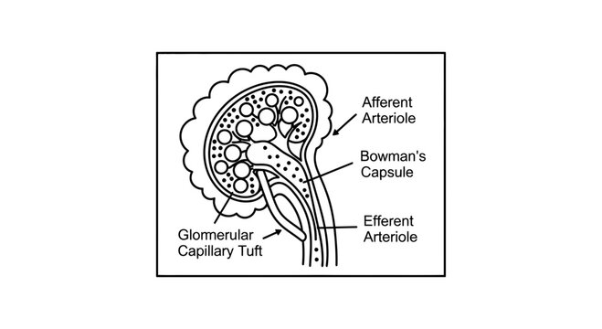 Kidney Nephron Glomerulus Filtration Diagram: Afferent, Efferent Arteriole, Bowman's Capsule