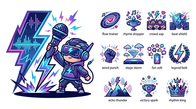 Vector illustration of a chibi character in a VR headset holding a microphone with a lightning bolt effect, accompanied by music and gaming achievement icons on a white background.