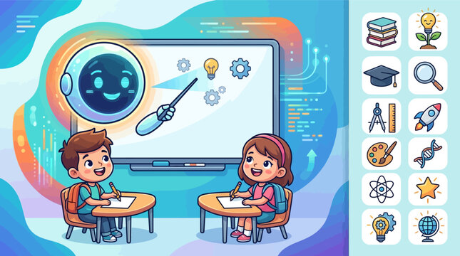 Vector illustration of a cute chibi robot teacher instructing a young boy and girl at desks in a modern classroom with an interactive whiteboard and colorful STEM educational icons.
