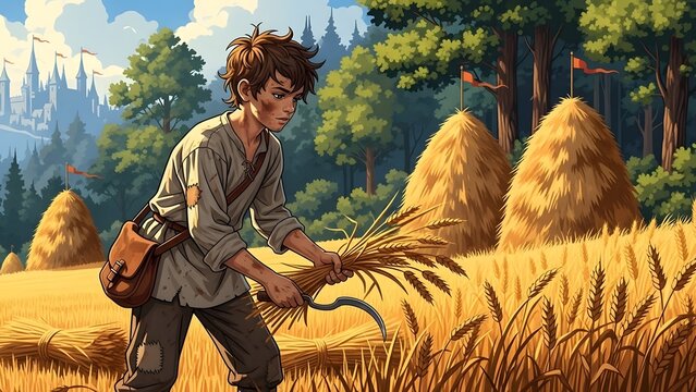 Peasant boy harvests wheat in a golden field with haystacks during a sunny afternoon.