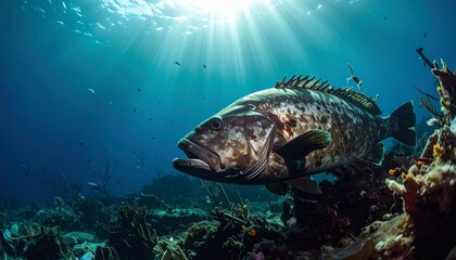 Naklejka premium Large grouper fish swimming in vibrant coral reef underwater scene