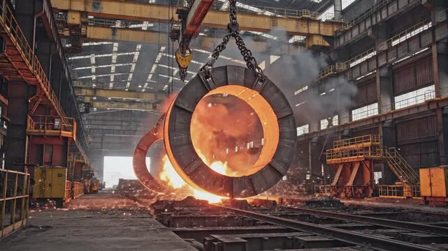 Ultra realistic industrial scene of a large overhead crane transporting a massive heated steel ring inside a factory glowing red orange from extreme heat suspended by thick chains slow controlled moti