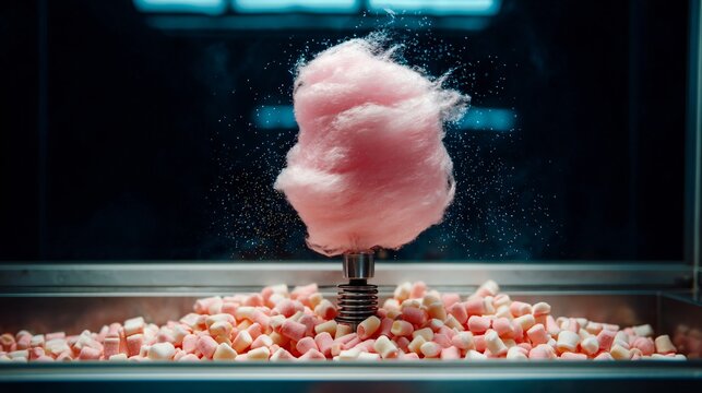 National Cotton Candy Day carnival food stand scene, cotton candy machine in action, sugar floss forming mid-air, motion freeze, realistic lighting, documentary style, no branding, editorial commerc