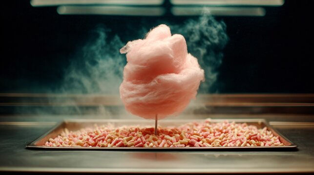 National Cotton Candy Day carnival food stand scene, cotton candy machine in action, sugar floss forming mid-air, motion freeze, realistic lighting, documentary style, no branding, editorial commerc