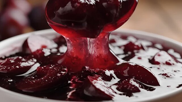 Closeup of Delicious Plum Compote Being Served with a Spoon.