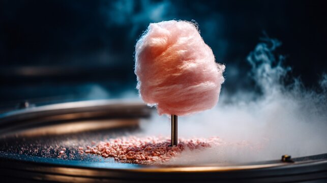 National Cotton Candy Day carnival food stand scene, cotton candy machine in action, sugar floss forming mid-air, motion freeze, realistic lighting, documentary style, no branding, editorial commerc