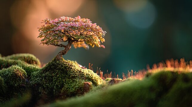 Small Ancient Copper Beech on Moss at Sunrise Web Banner Symbol of Hope Background