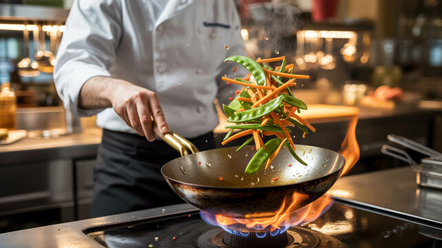 Koch schwenkt Gem&uuml;se im Wok, Profik&uuml;che mit Flamme