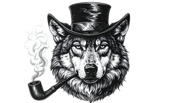 Dapper Wolf Smoking Pipe Top Hat Isolated Illustration Black White