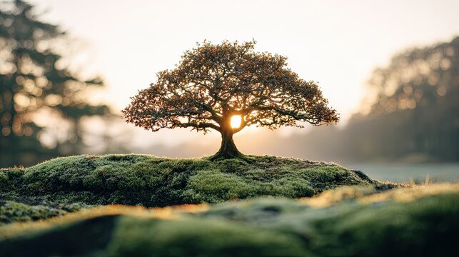 Small Ancient English Oak on Moss at Sunrise Web Banner Symbol of Hope