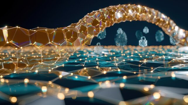 Cybersecurity blockchain network with floating digital locks and glowing amber nodes in a macro shot for data protection technology marketing