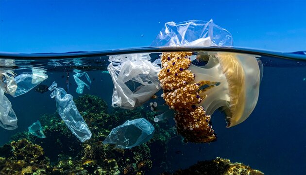 Plastic pollution floating in ocean affecting marine life and coral reefs