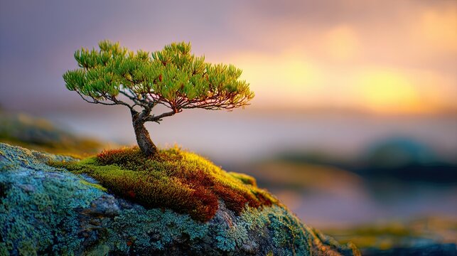 Small Ancient Italian Stone Pine on Moss at Sunrise Web Banner Symbol of Hope Scenery
