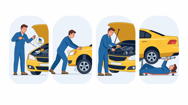 A sequence of illustrations showing a mechanic diagnosing, pushing, repairing, and servicing a broken-down yellow car.