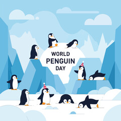 A digital illustration of penguins on icebergs celebrating World Penguin Day © Linda