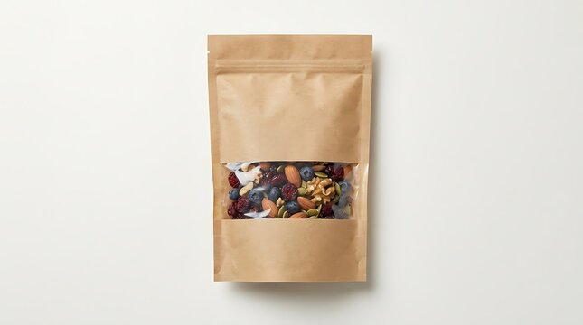 Kraft paper stand-up pouch filled with nutritious granola dried fruits and mixed nuts ideal for brand mockups and healthy snack product showcasing. This eco-friendly packaging solution highlights natu