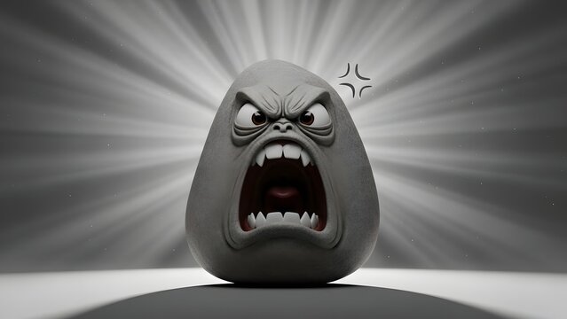 Intensely angry grey monster egg character roaring with bared teeth, a powerful 3D cartoon illustration depicting extreme rage and frustration against a dynamic background