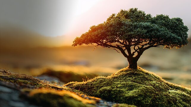 Small Ancient Kauri Tree on Moss at Sunrise Web Banner Symbol of Hope Background