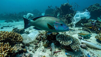 Fototapeta premium Fish swimming among plastic pollution on coral reef underwater