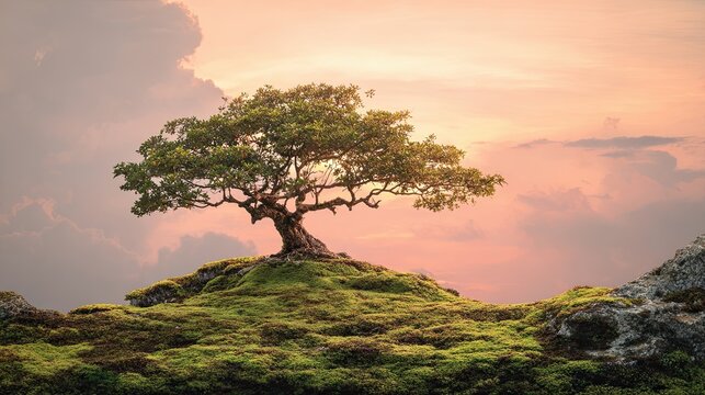 Small Ancient Kapok Tree on Moss at Sunrise Web Banner Symbol of Hope Scenery