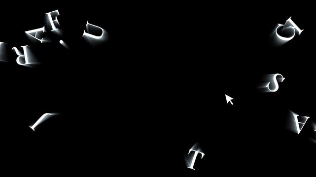 Alphabet letters float in a dark void while a digital mouse cursor hovers near the scattered text.