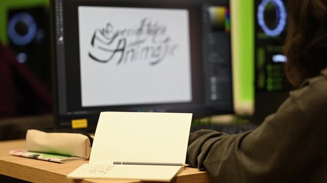 Over the shoulder classroom shot of a student sitting at a wooden desk with an open sketchbook and pencil while looking at a computer monitor displaying design. Translation: "Animation specialization"