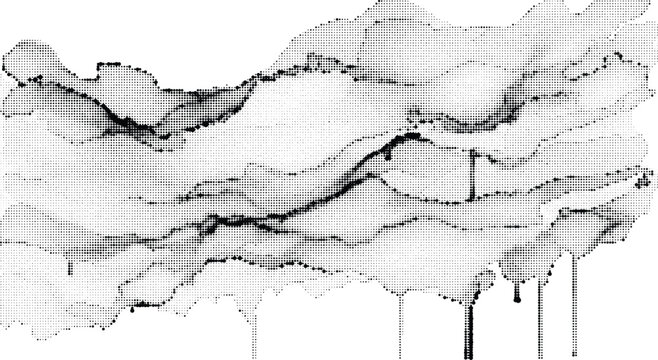 Abstract ink stain texture with halftone dot pattern and dripping effect on transparent background.