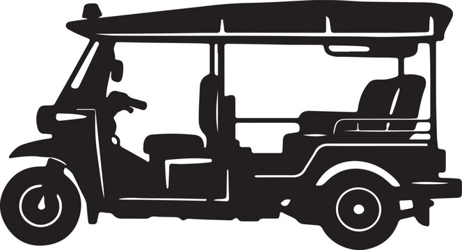 Tuk-tuk silhouette with auto rickshaw street food black and white background