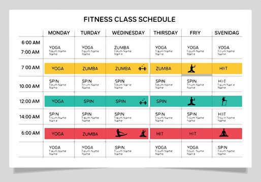 A fitness class schedule with various exercise classes