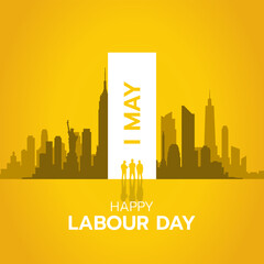 Fototapeta premium Happy Labour Day card featuring a New York City skyline and worker silhouettes on a vibrant yellow background. Elegant 