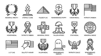 Fototapeta premium Patriotic Symbols Collection: Medals, Flags, Poppies, Wreath, Memorial Icons