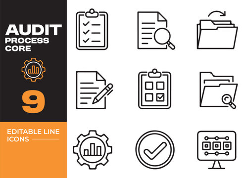 Clean Audit Process Core Outline Icons For Financial Reporting