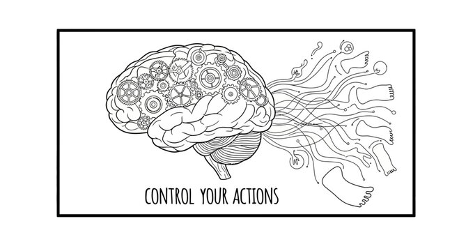 Brain with gears and wires, controlling actions, concept of mind control and decision making