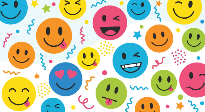 A colorful pattern of various smiley faces and shapes