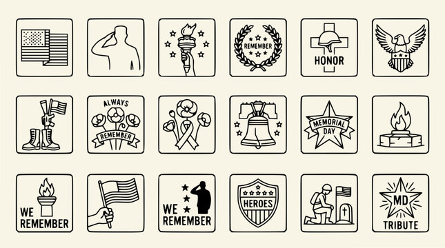 Patriotic Icons Set: American Flag, Soldier, Memorial Day, Honor, Heroes, Remembrance