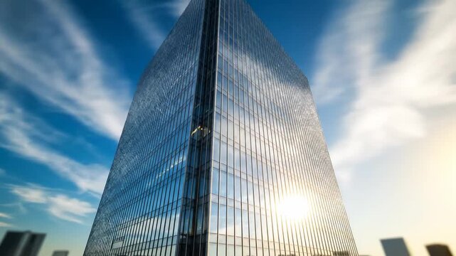 Modern glass skyscraper with unique patterned facade reflecting blue sky and clouds, architectural detail, urban development