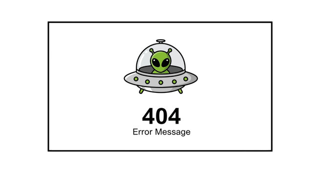 Alien in UFO Flying Saucer 404 Error Message Page Not Found Concept
