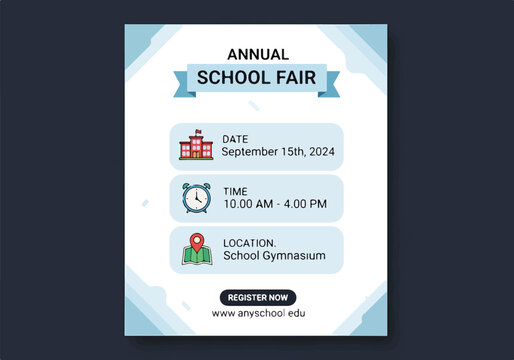 A flyer for an annual school fair with details on date, time, and location