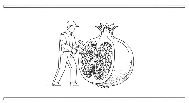 Mechanic repairs pomegranate with gears, symbolizing innovation, food industry, and complex systems