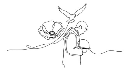 Fototapeta premium Remembrance Soldier, Poppy, Dove, Continuous Line Art - Symbol of Peace and Memory