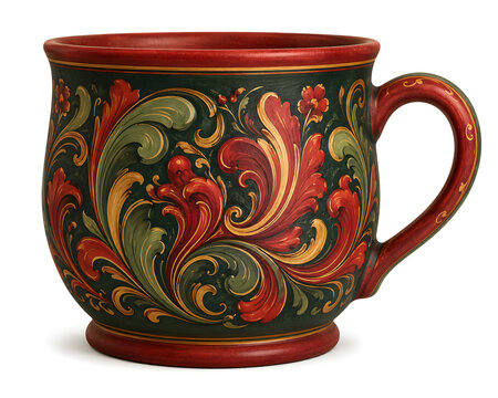 Norwegian Rosemaling Ceramic Mug Telemark Nordic Folk Art 3D Clay Render Illustration
